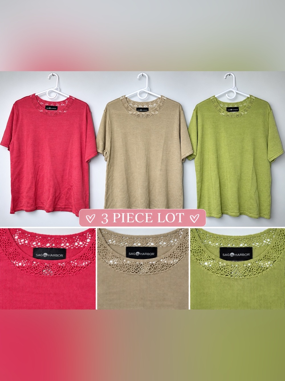 Bundle of 3 Sag Harbor Women's Knit Top with Crochet Neckline